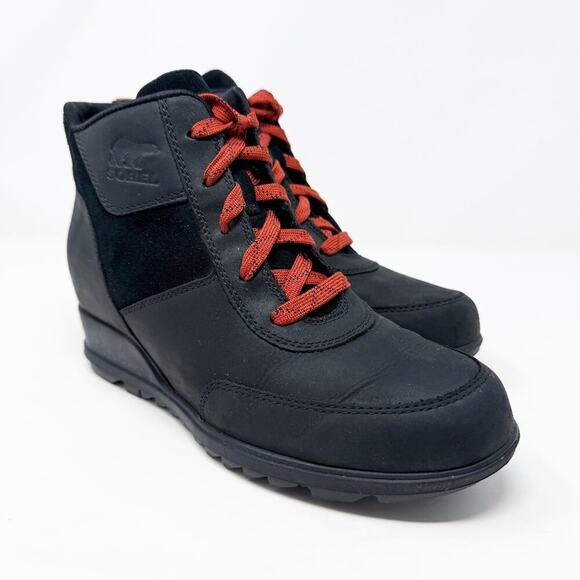 Sorel Black Nubuck Leather Evie Sport Lace Up Bootie Women's 7 Hidden Wedge Heel - Picture 1 of 9